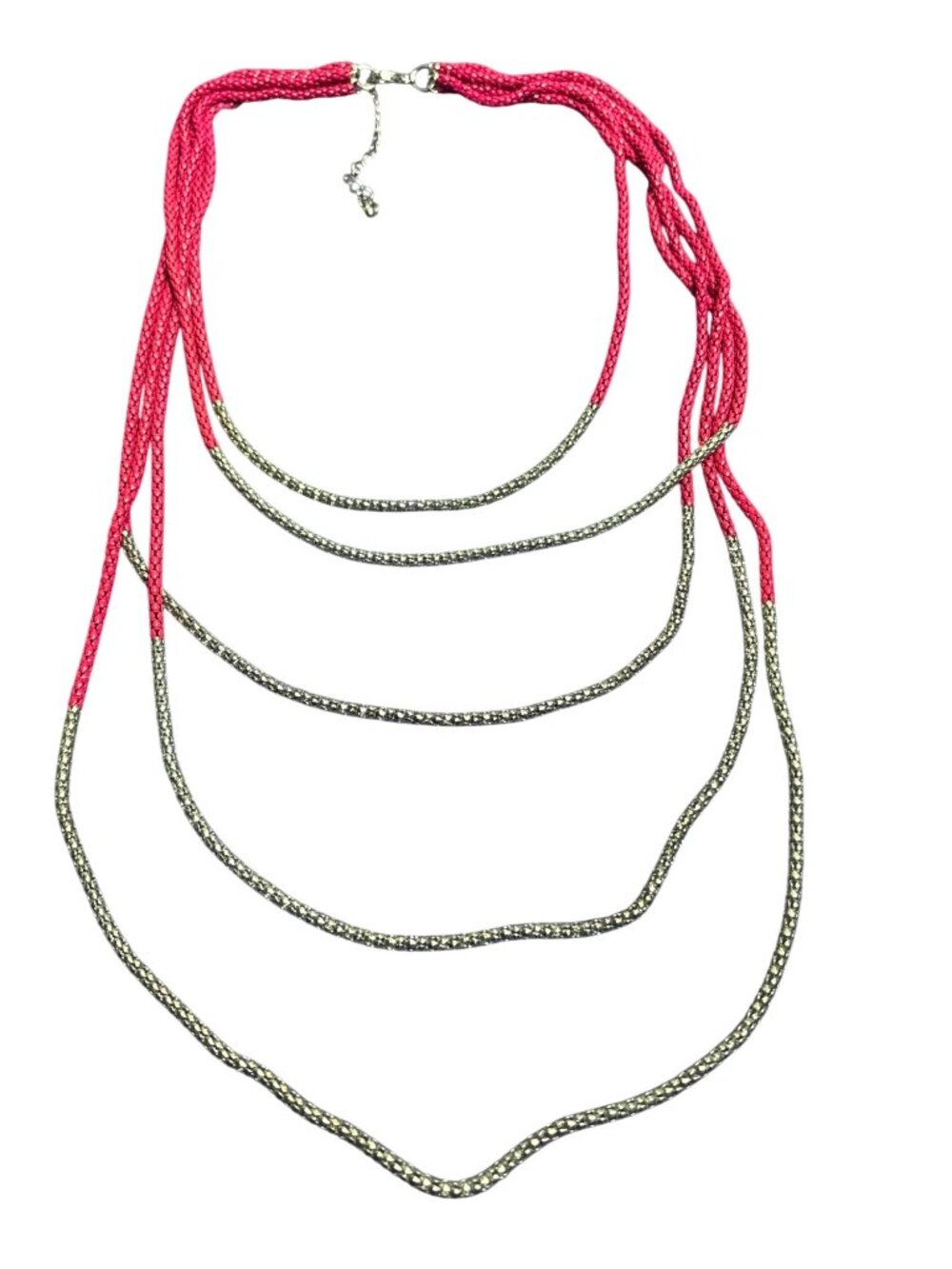 Multi Strand Mesh Serpentine Chain Necklace Silvertone Pink Enamel